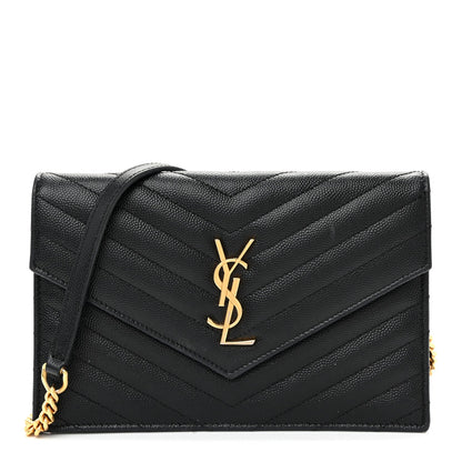 Grain De Poudre Matelasse Chevron Monogram Envelope Chain Wallet Black