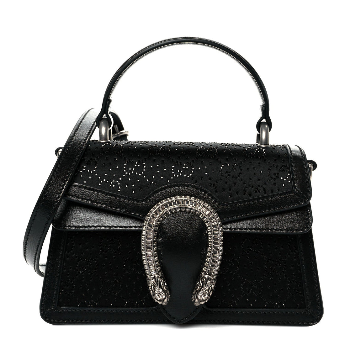 Satin Crystal GG Monogram Mini Dionysus Top Handle Bag Black