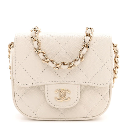 Caviar Quilted Mini Clutch With Chain White