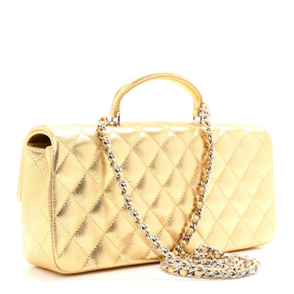 Metallic Caviar Quilted Top Handle East West Flap Gold