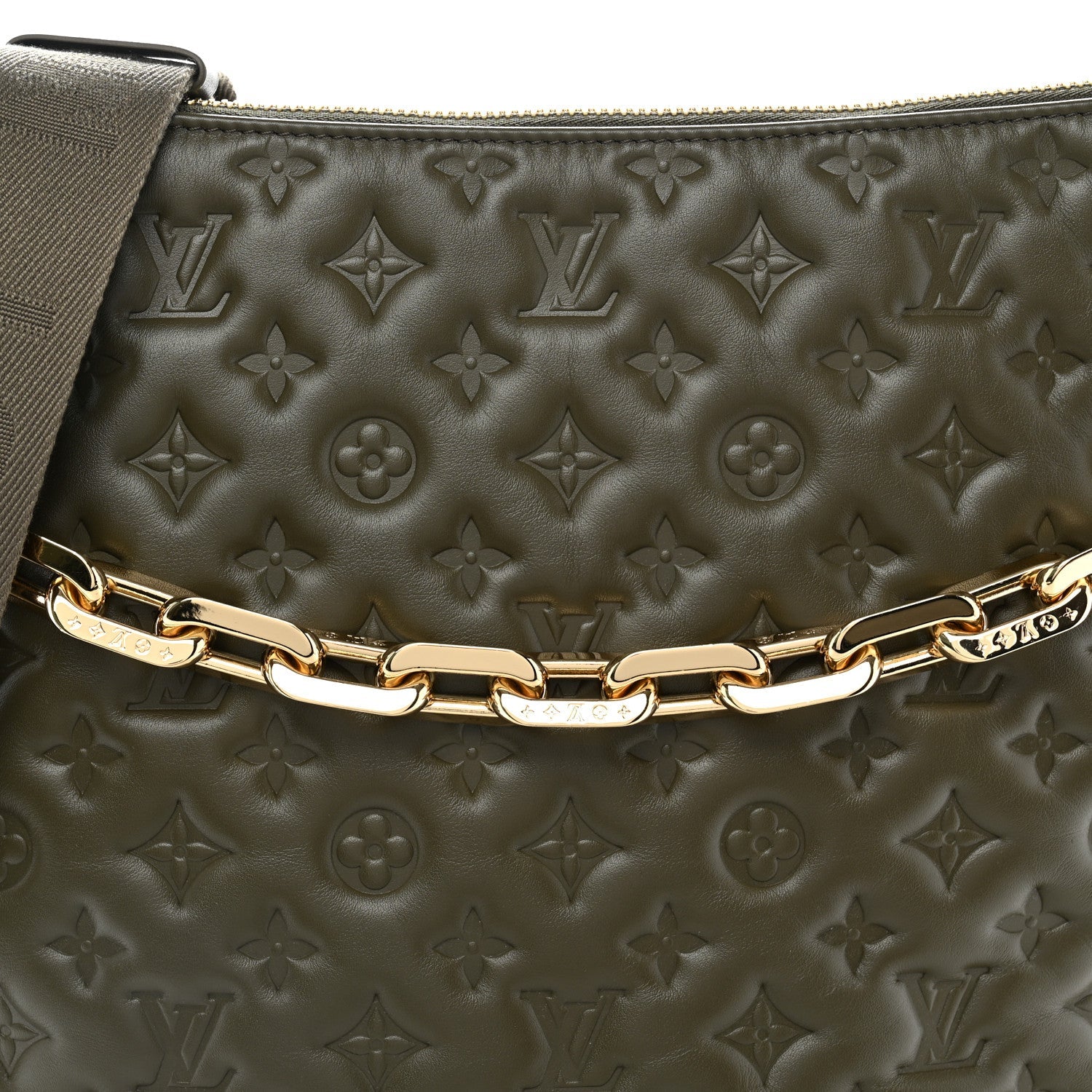 Calfskin Embossed Monogram Coussin Hobo Dark Kaki