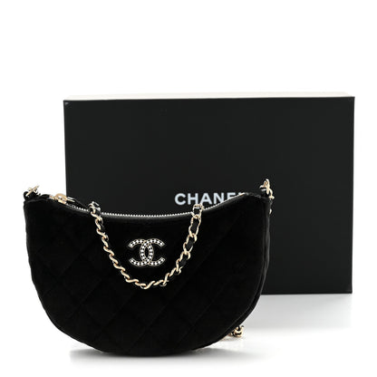 Velvet Crystal Quilted Chain Hobo Black
