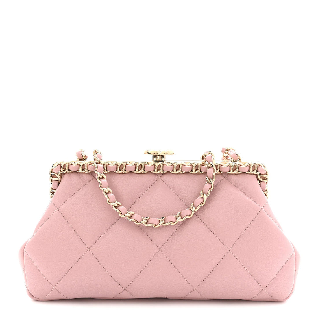 Lambskin Quilted Chain Frame Clutch Pink