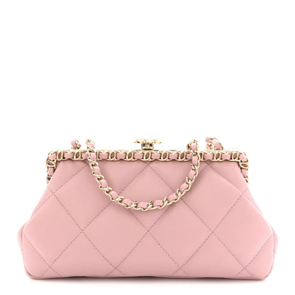 Lambskin Quilted Chain Frame Clutch Pink