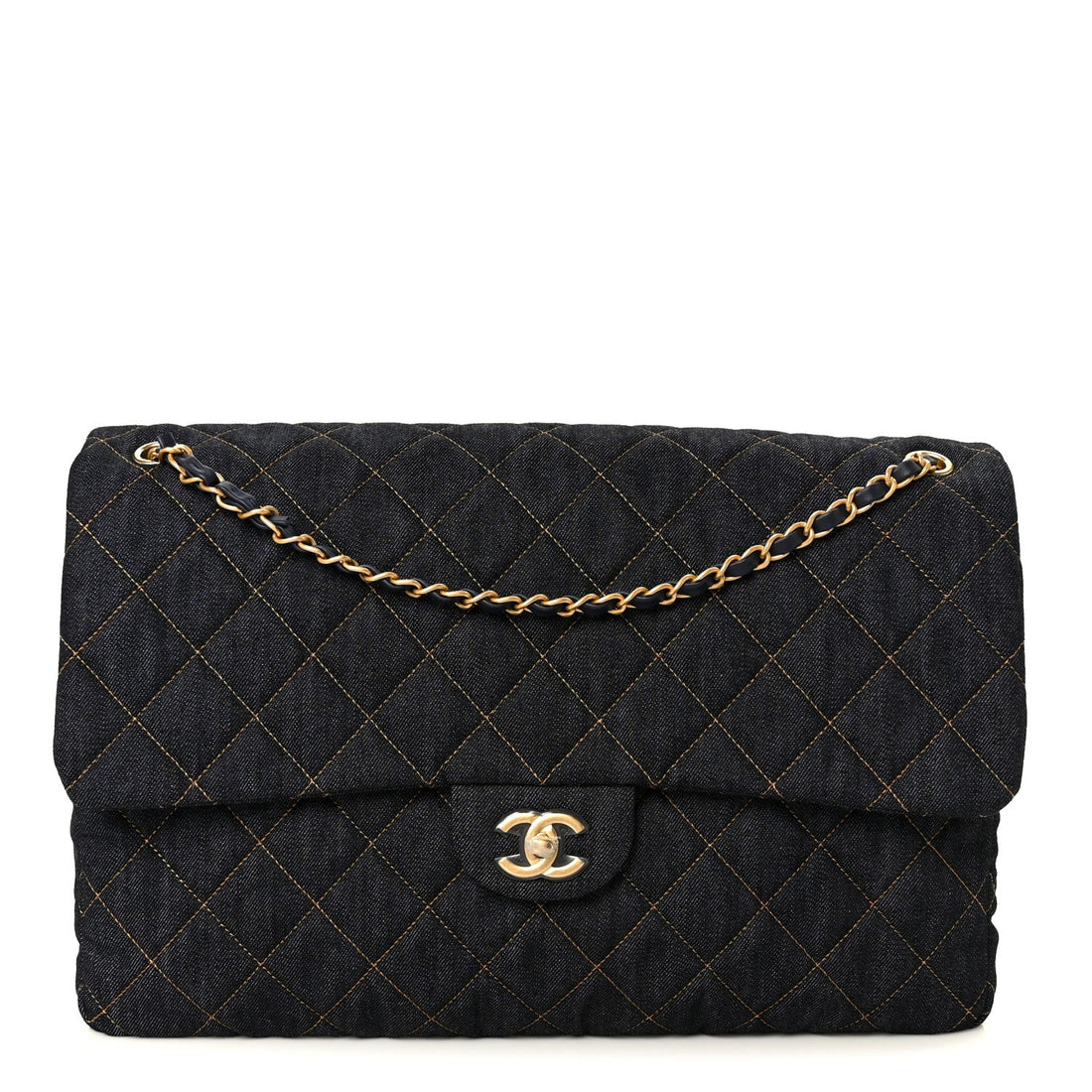 Denim Quilted XXL Travel Flap Bag Dark Blue Orange