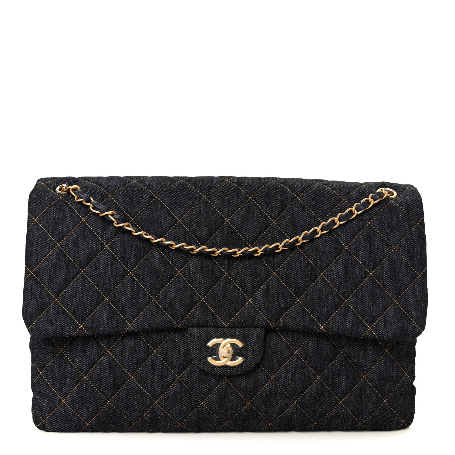Denim Quilted XXL Travel Flap Bag Dark Blue Orange
