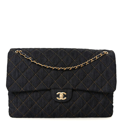 Denim Quilted XXL Travel Flap Bag Dark Blue Orange