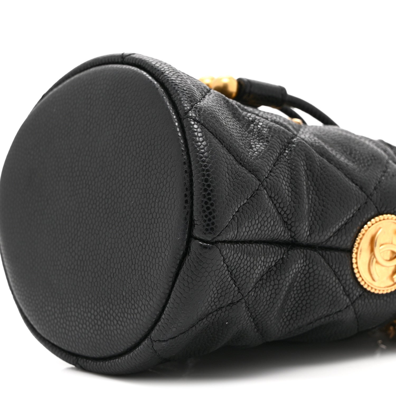 Caviar Quilted Twist Your Buttons Mini Bucket Bag Black
