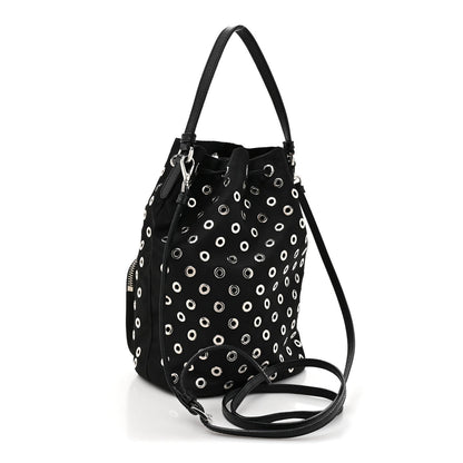 Tessuto Nylon Saffiano Grommets Mini Bucket Crossbody Bag Black