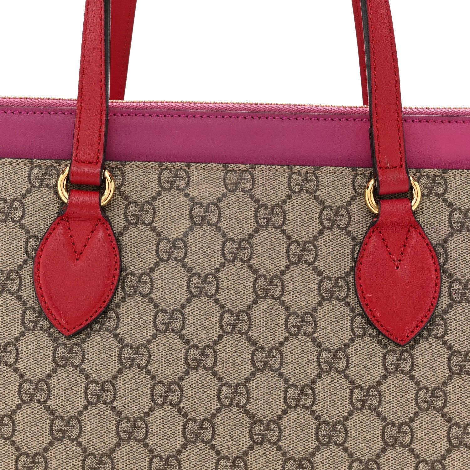 GG Supreme Monogram Medium Zippered Bucket Tote Beige Hibiscus Red New Rosette