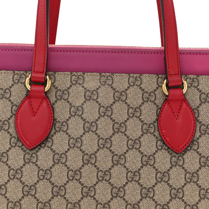 GG Supreme Monogram Medium Zippered Bucket Tote Beige Hibiscus Red New Rosette