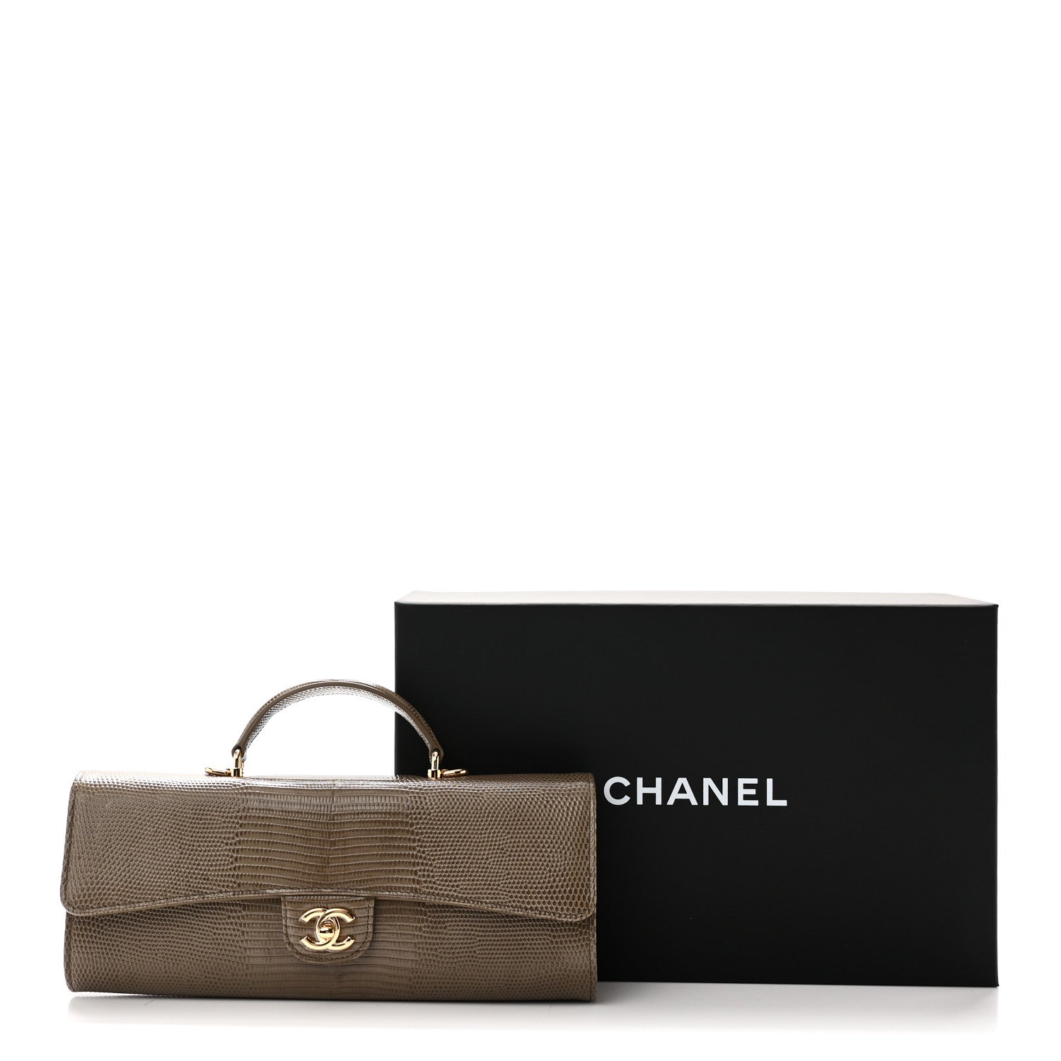 Calfskin Lizard Embossed Top Handle Long Clutch With Chain Dark Khaki
