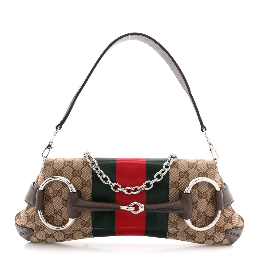 Monogram Textured Dollar Calfskin Heavy Grosgrain Web Medium Maxi Horsebit Chain Shoulder Bag Beige Ebony New Acero