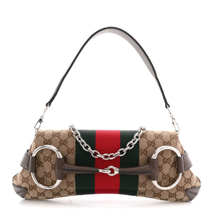 Monogram Textured Dollar Calfskin Heavy Grosgrain Web Medium Maxi Horsebit Chain Shoulder Bag Beige Ebony New Acero