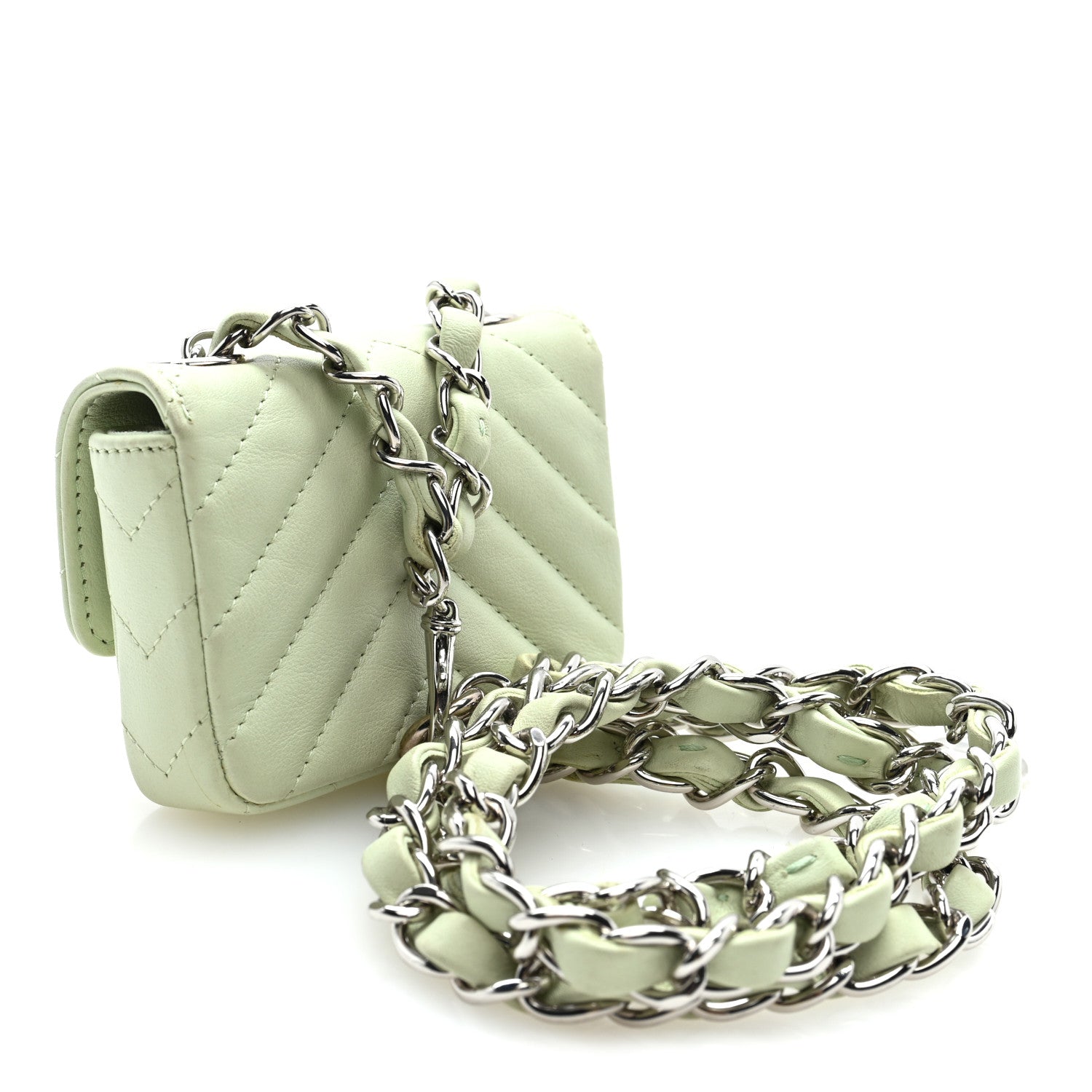 Sheepskin Chevron Quilted Mini Chain Belt Bag Light Green
