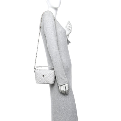 Shiny Caviar Quilted Hobo Clutch With Chain Light Grey