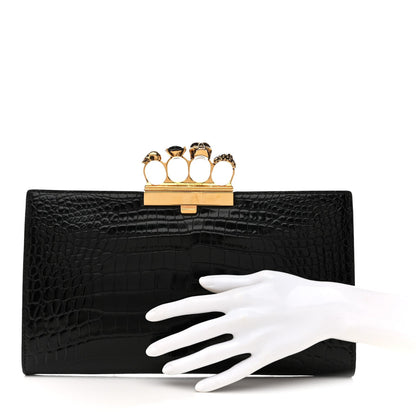 Calfskin Crocodile Embossed Knuckle Flat Clutch Black Gold