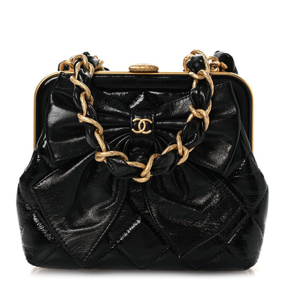 Patent Crumpled Lambskin Quilted Maxi Bow Clutch With Chain Black