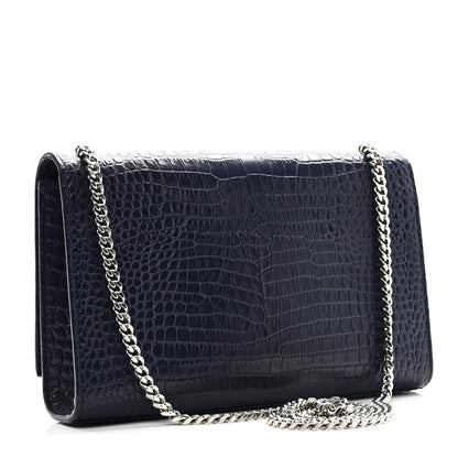 Calfskin Crocodile Embossed Medium Classic Monogram Kate Tassel Satchel Deep Marine