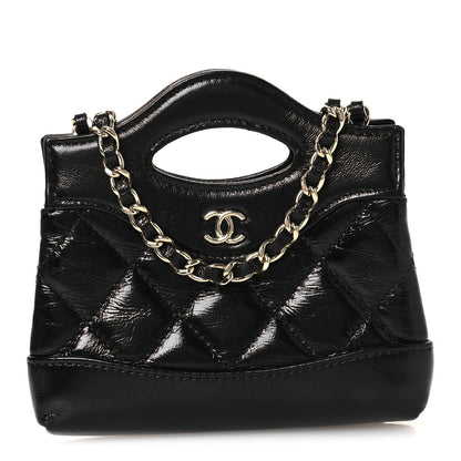 Shiny Lambskin Quilted Micro 31 Clutch With Chain Black