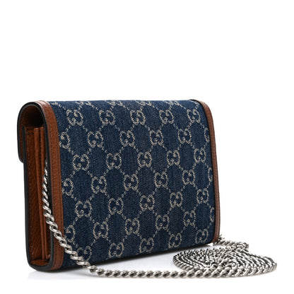 New Denim GG Monogram Dollar Calfskin Enamel Mini Dionysus Chain Wallet Blue Tea Cuir Epilog Electric Blue