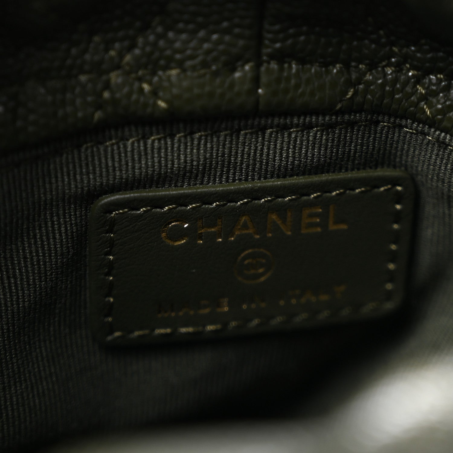 Caviar Quilted Coco First Bucket Clutch With Chain Khaki