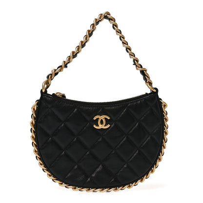 Shiny Crumbled Lambskin Quilted Round Small CC Hobo Black