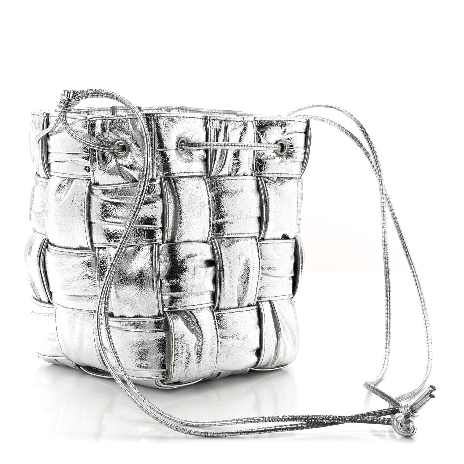 Metallic Calfskin Intrecciato Foulard Bucket Bag Silver