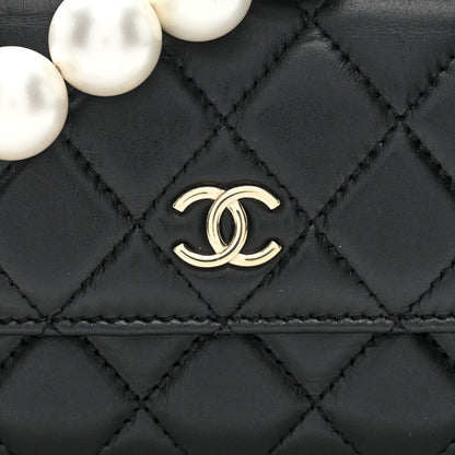 Calfskin Quilted Maxi Pearls Clutch With Chain Black