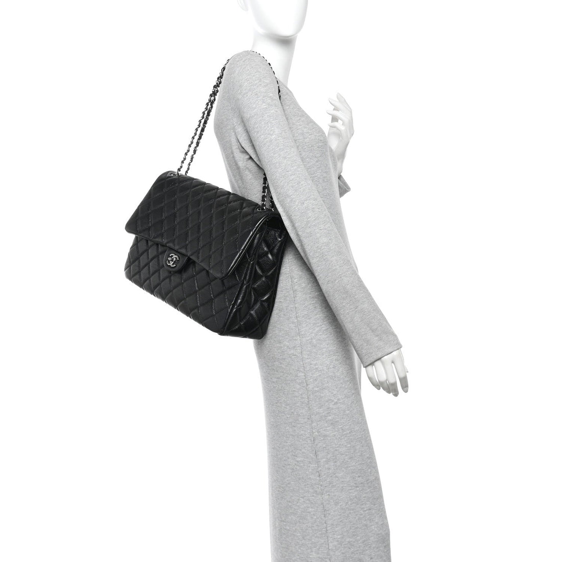Grained Calfskin Quilted XXL Travel Flap Bag Black