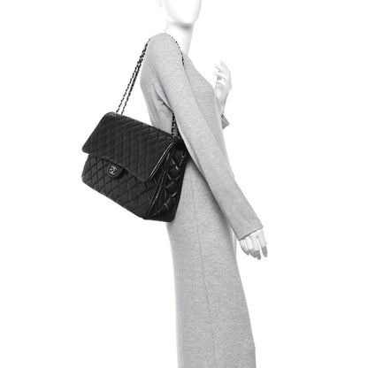 Grained Calfskin Quilted XXL Travel Flap Bag Black