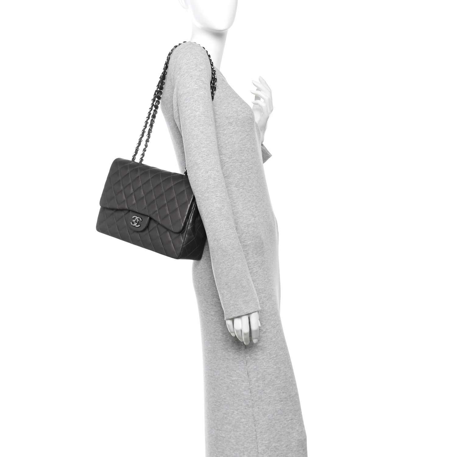 Lambskin Quilted Jumbo Single Flap  Dark Grey