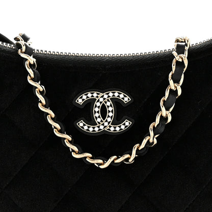 Velvet Crystal Quilted Chain Hobo Black
