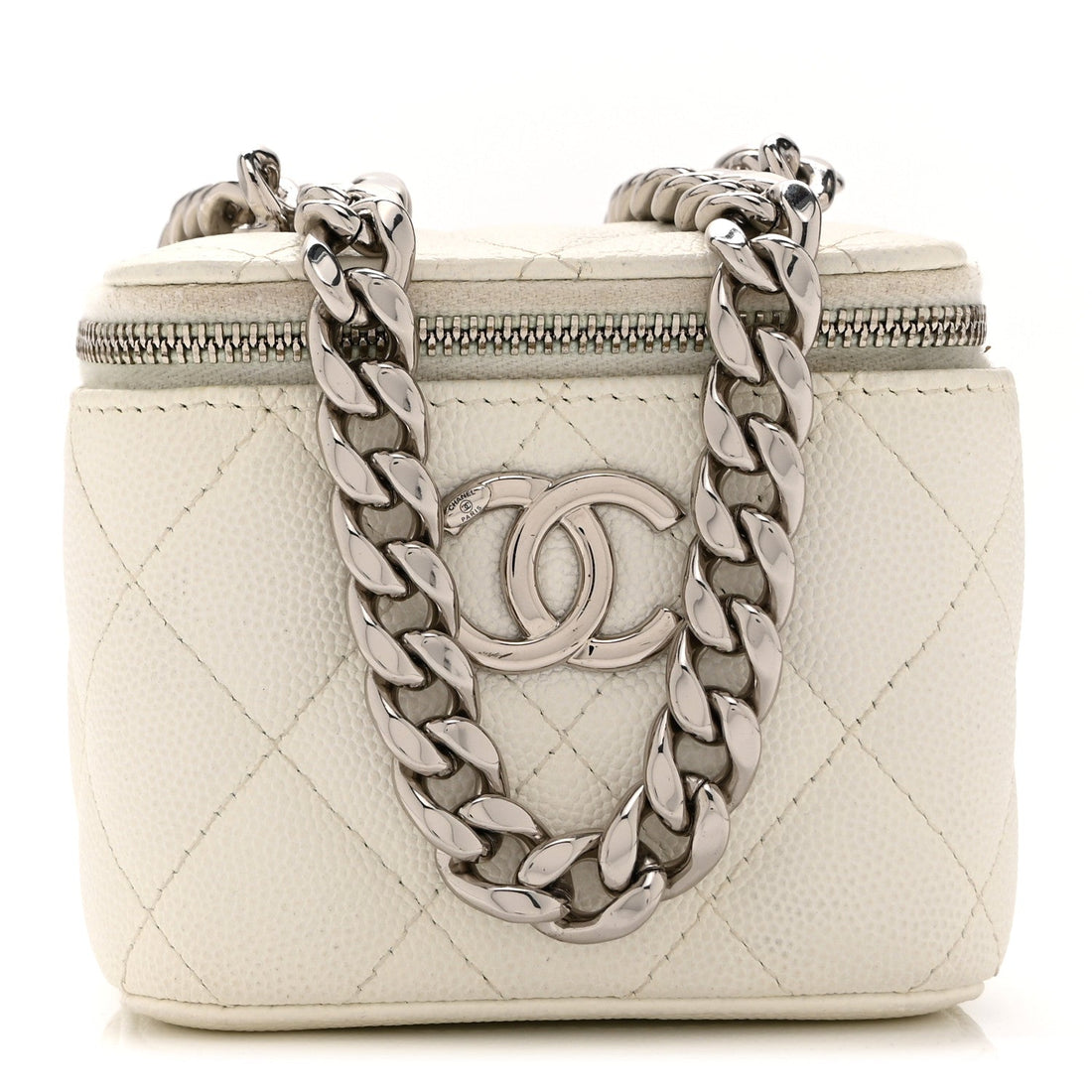 Caviar Quilted Enamel Coco Mini Vanity Case With Chain White