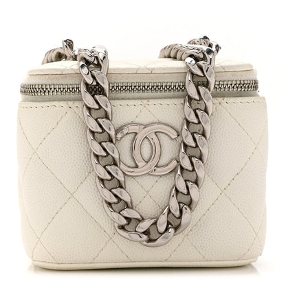 Caviar Quilted Enamel Coco Mini Vanity Case With Chain White