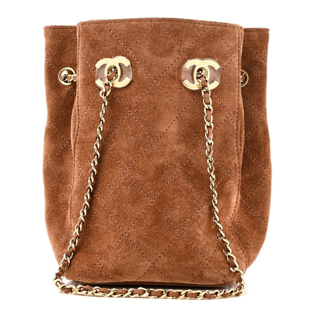 Suede Quilted Bucket Bag With Chain Camel