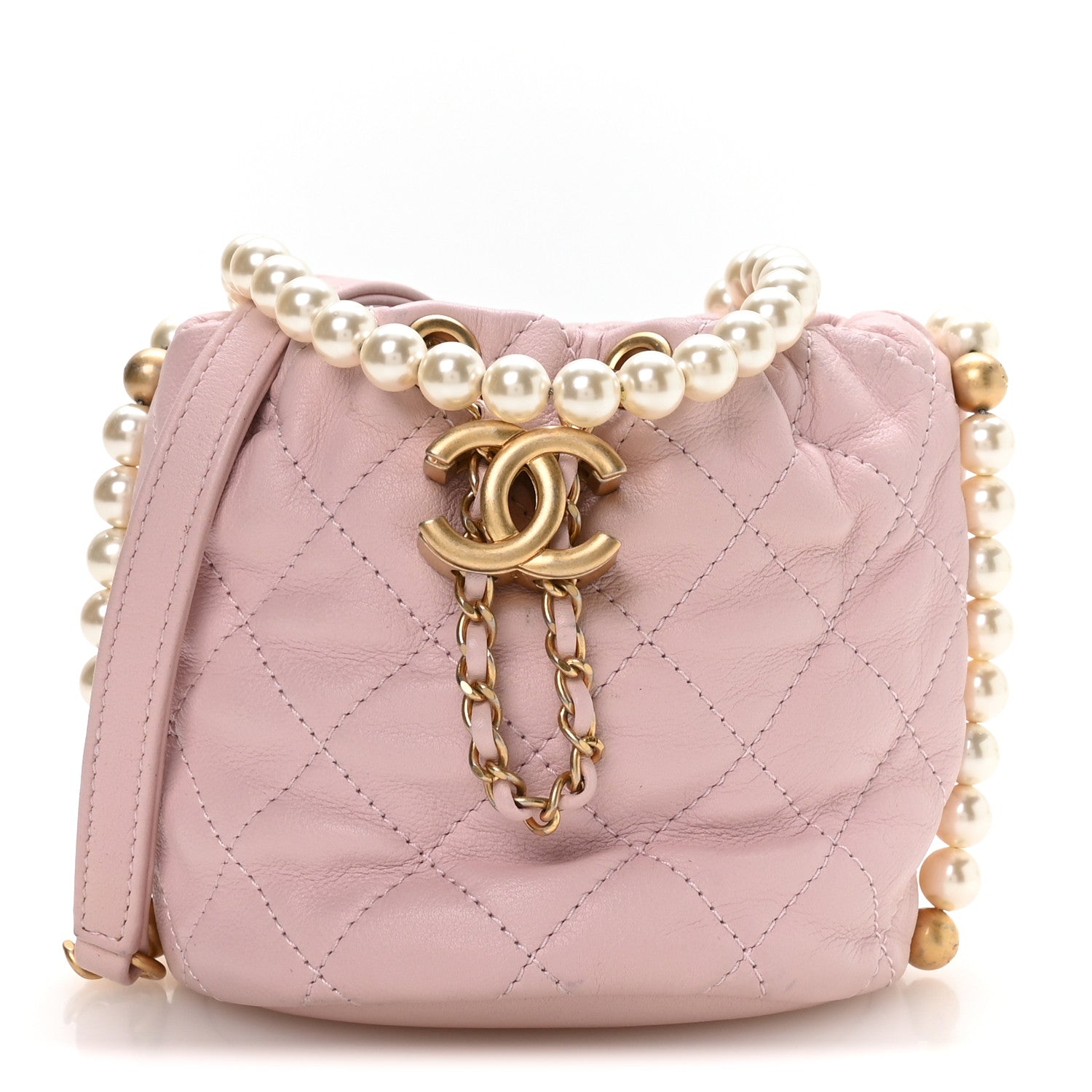 Calfskin Quilted Pearl Mini About Pearls Drawstring Bucket Light Pink