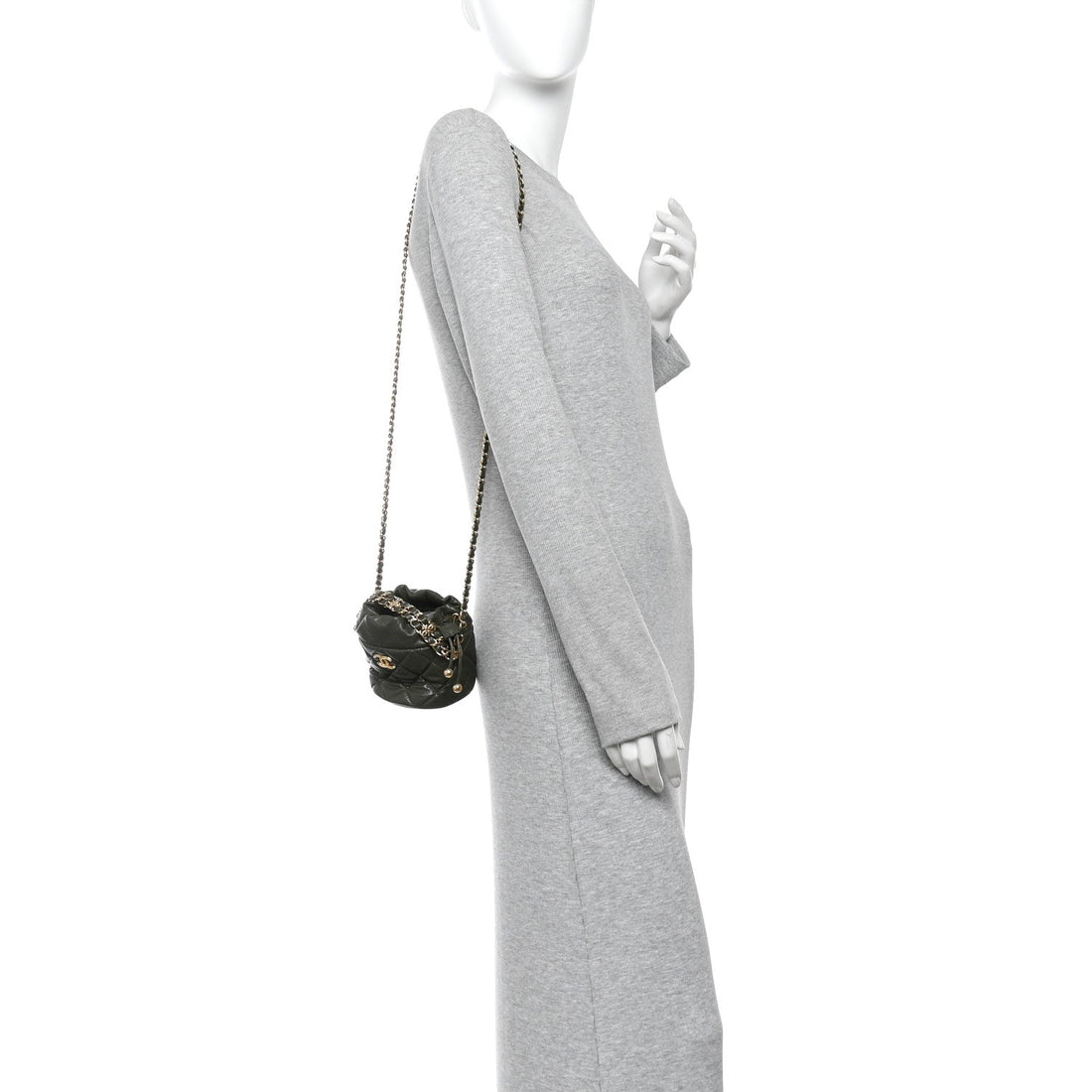 Caviar Quilted Coco First Bucket Clutch With Chain Khaki