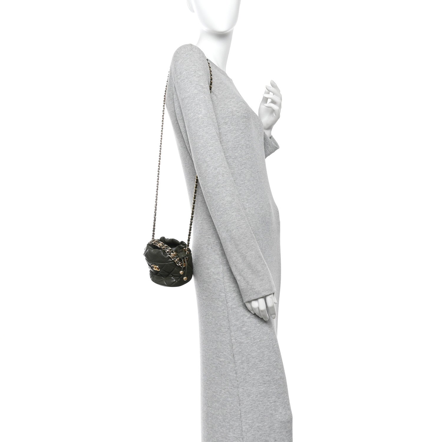 Caviar Quilted Coco First Bucket Clutch With Chain Khaki