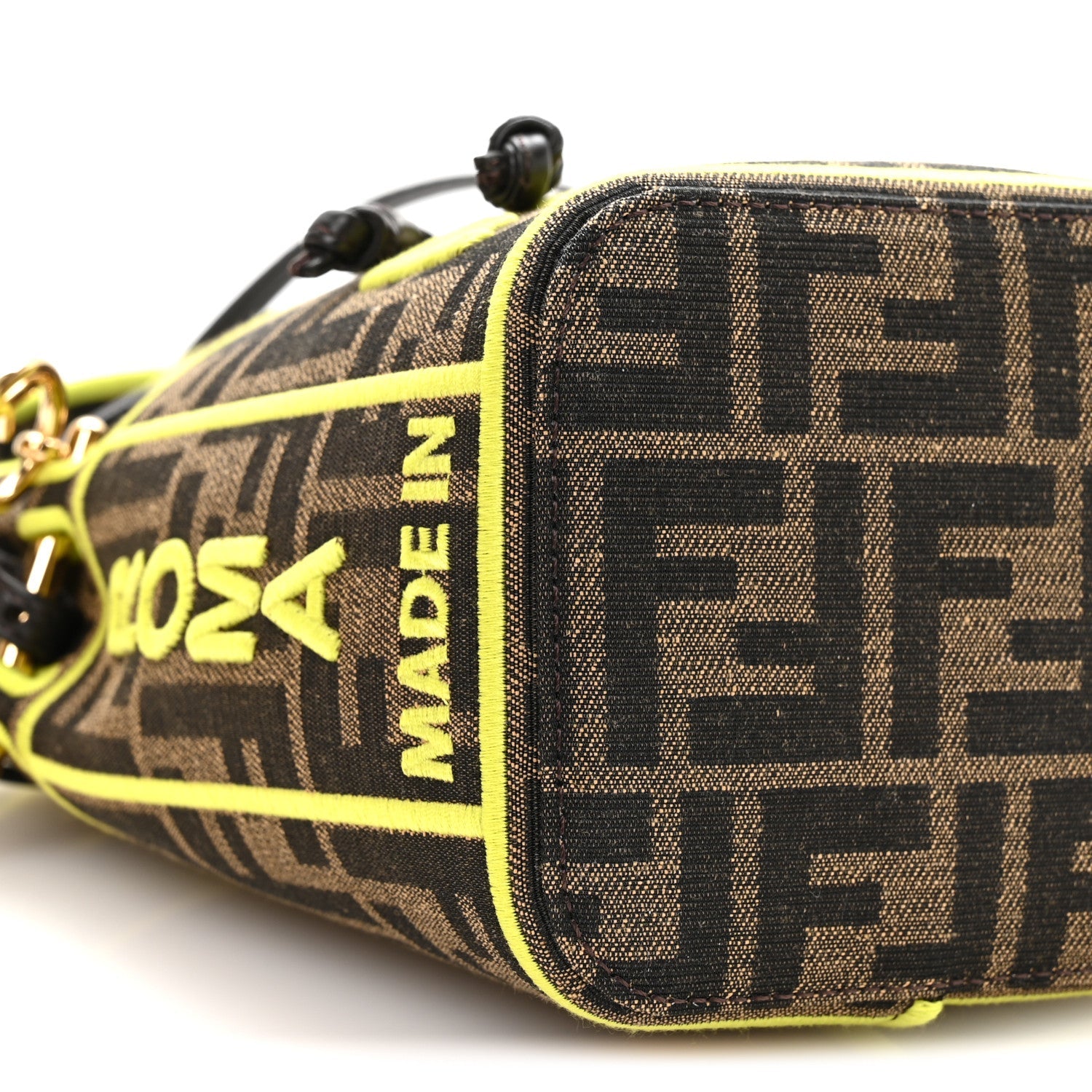 Fabric Jacquard Shiny Nappa FF 1974 Logo Threaded Edge Mini Mon Tresor Bucket Bag Tobacco Moro Giallo Fluo
