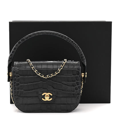 Calfskin Crocodile Embossed Turn Around Mini Flap Dark Grey Dark Grey