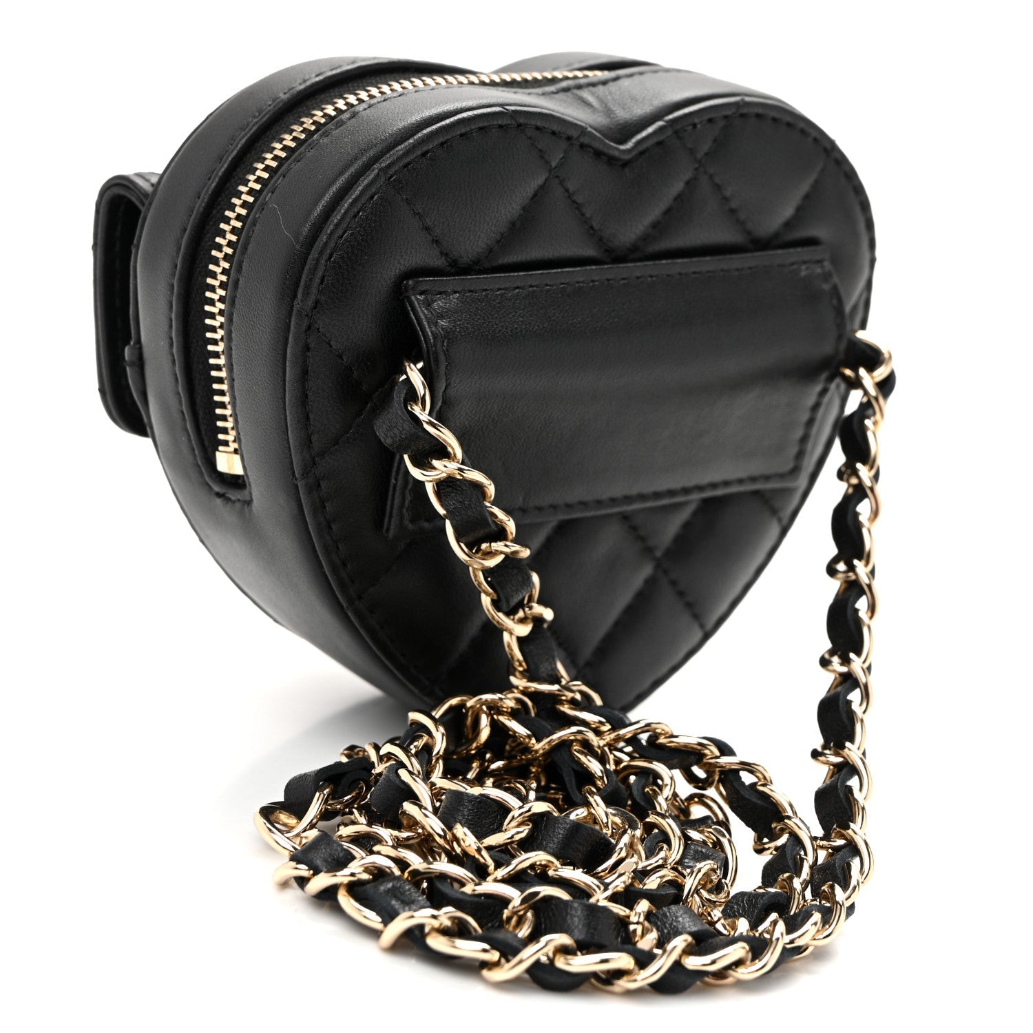Lambskin Quilted CC In Love Heart Waist Belt Bag With Chain Black