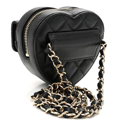 Lambskin Quilted CC In Love Heart Waist Belt Bag With Chain Black
