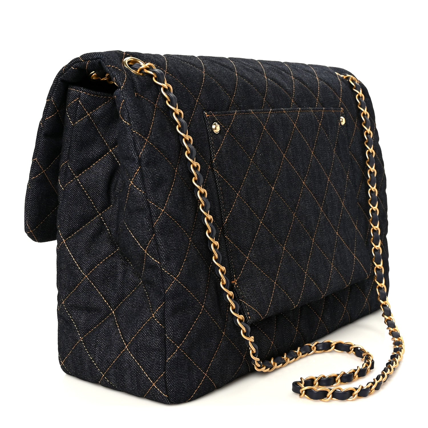 Denim Quilted XXL Travel Flap Bag Dark Blue Orange