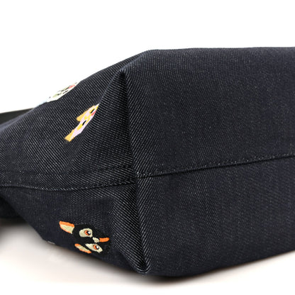 X Louis Wain Denim Embroidered Futurist Cats Medium Flamenco Knot Clutch Blue
