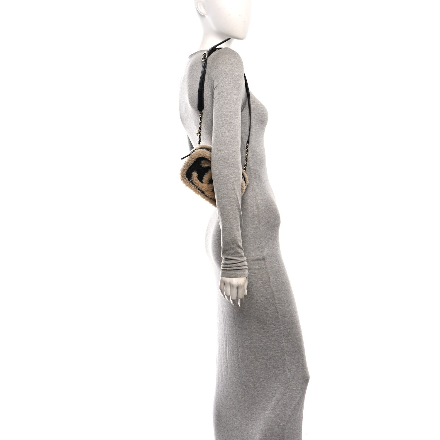 Shiny Crumpled Sheepskin Shearling Waist Bag Black Beige