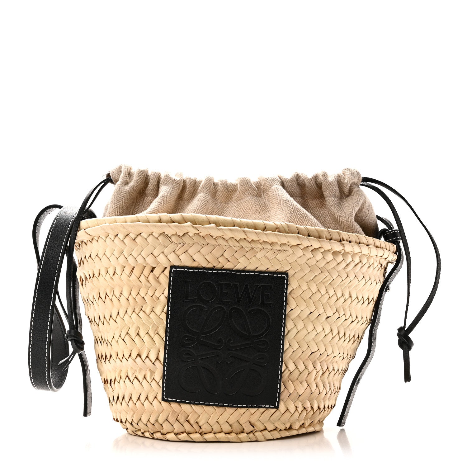 Leaf Palm Calfskin Drawstring Bucket Bag Natural Black