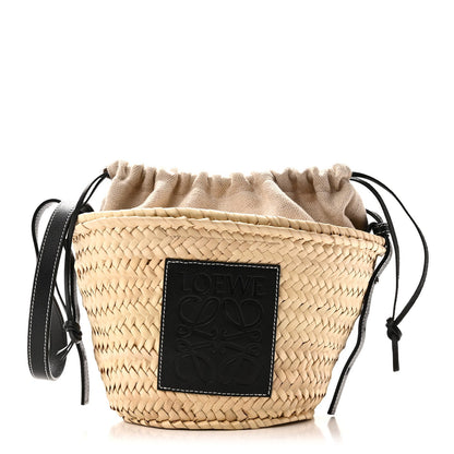 Leaf Palm Calfskin Drawstring Bucket Bag Natural Black