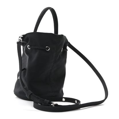 Recycled Sport Nylon Logo Embroidered Wheel Drawstring Bucket Bag Black White