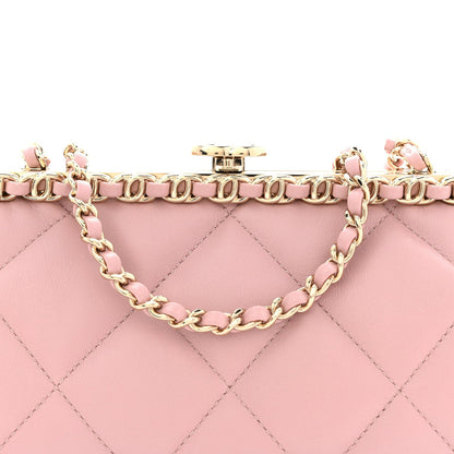 Lambskin Quilted Chain Frame Clutch Pink